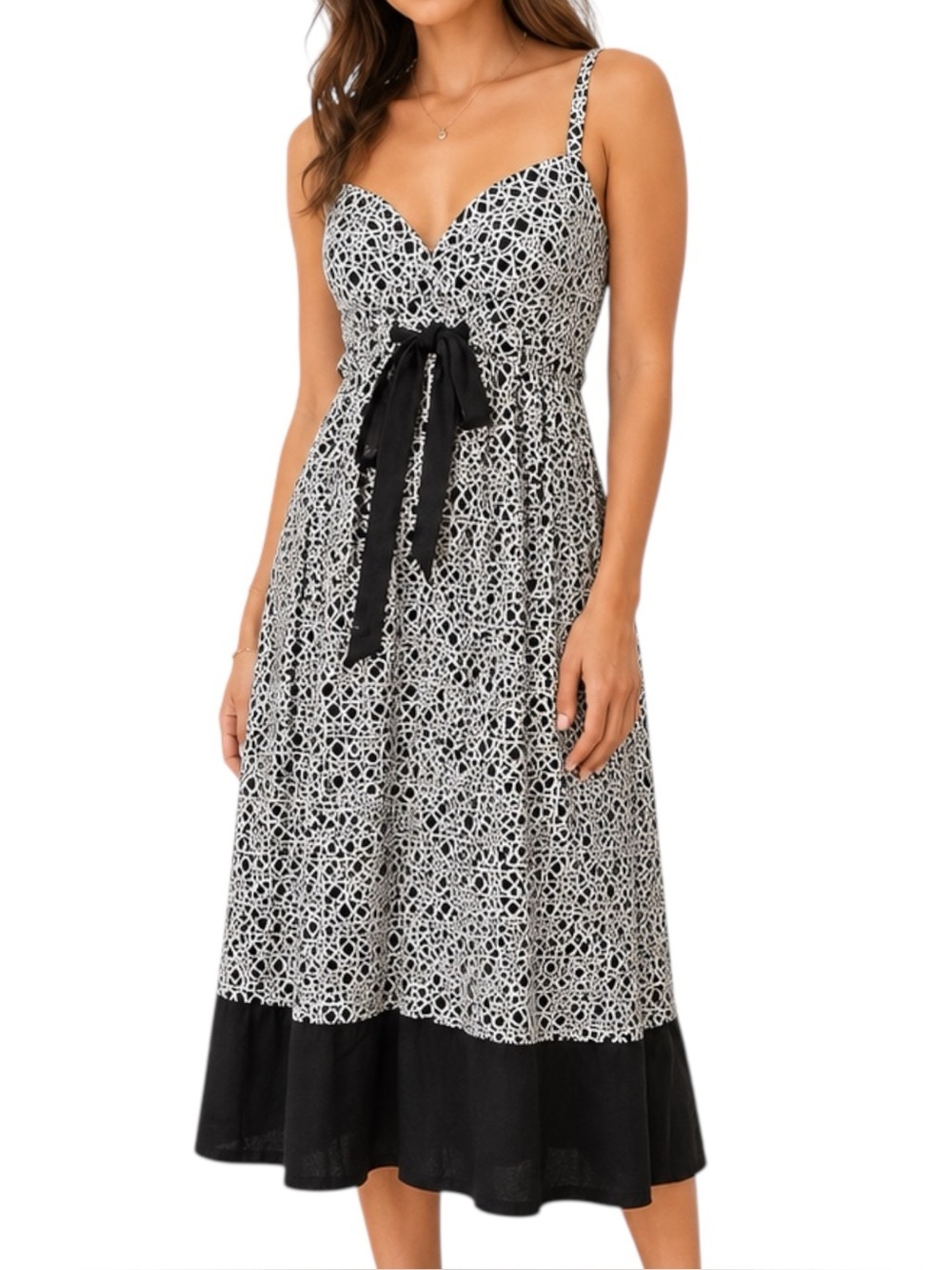 BCBGMaxAzria Silk Geometric Midi Dress Black White Tie Waist Sz 4